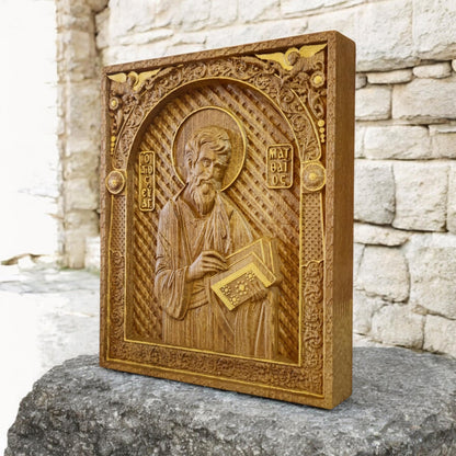 Matthew the Evangelist Wooden Carved Handmade Christian Icon. Byzantine Greek Orthodox Home Art Decor.