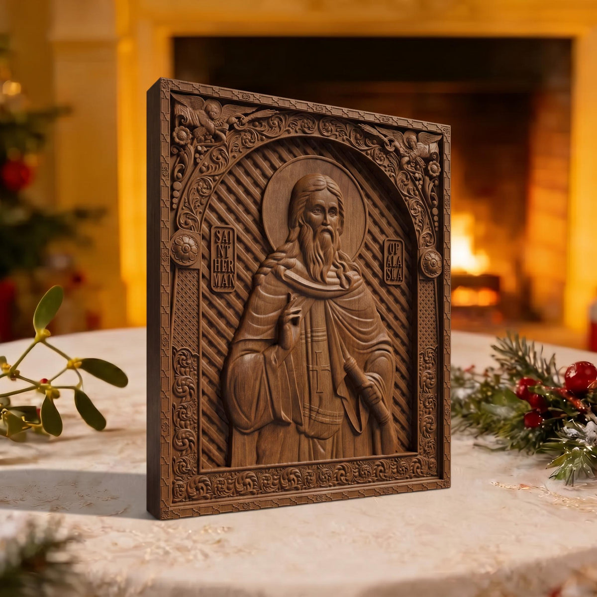 Saint Herman of Alaska Wooden Carved Handmade Christian Icon | Byzantine Greek Orthodox Home Art Decor