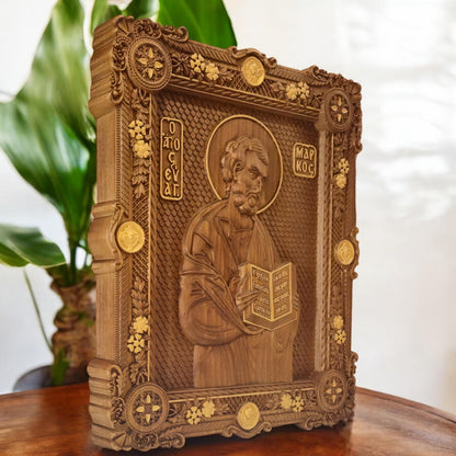 Mark the Evangelist Wooden Carved Handmade Christian Icon. Byzantine Greek Orthodox Home Art Decor.