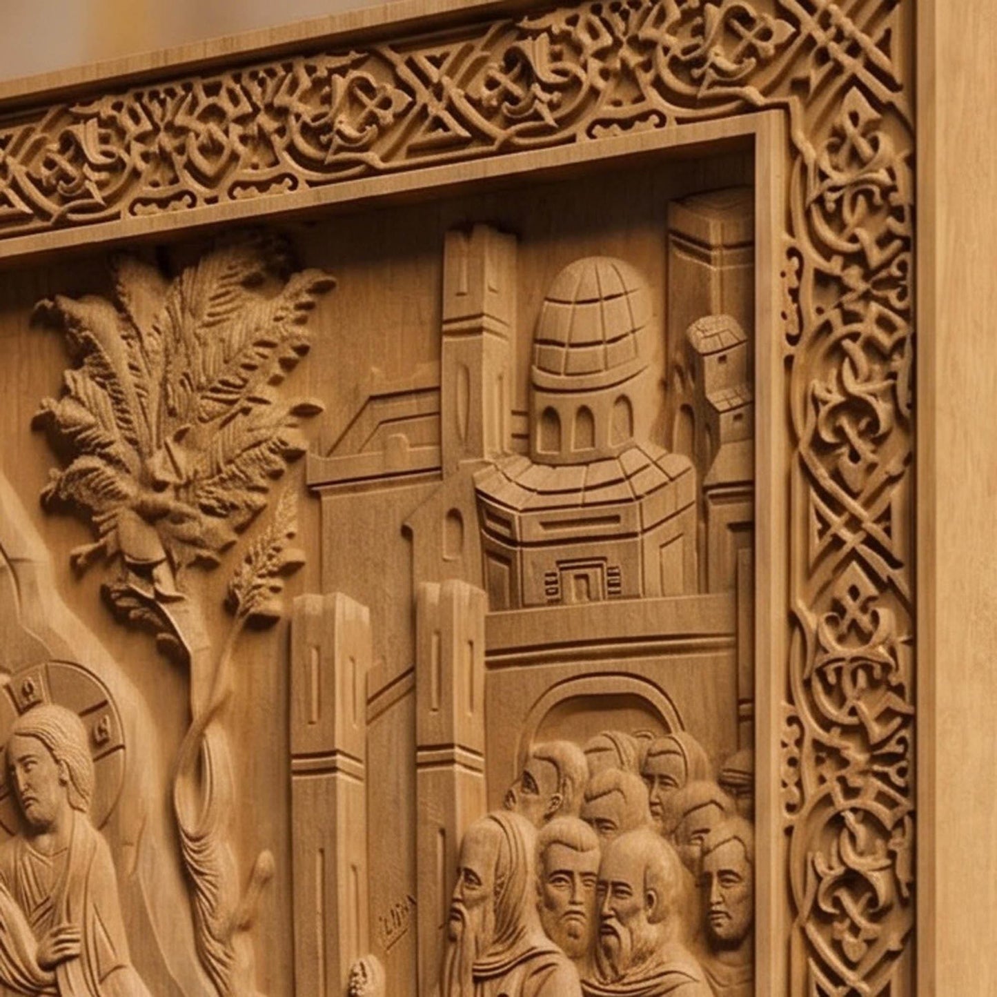 Jesus Christ Triumphal Entry  Wooden Carved Handmade Christian Icon Right Side Natural Wood Color Cretan Holy Carvings