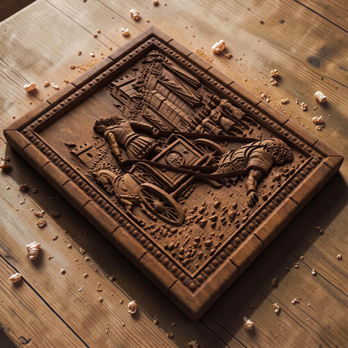 Achilles Dragging Hector of Troy from Ancient Greek Mythology 3D Wooden Bas Relief Panel Art Sculptural Gift Idea Cretan Holy Carvings