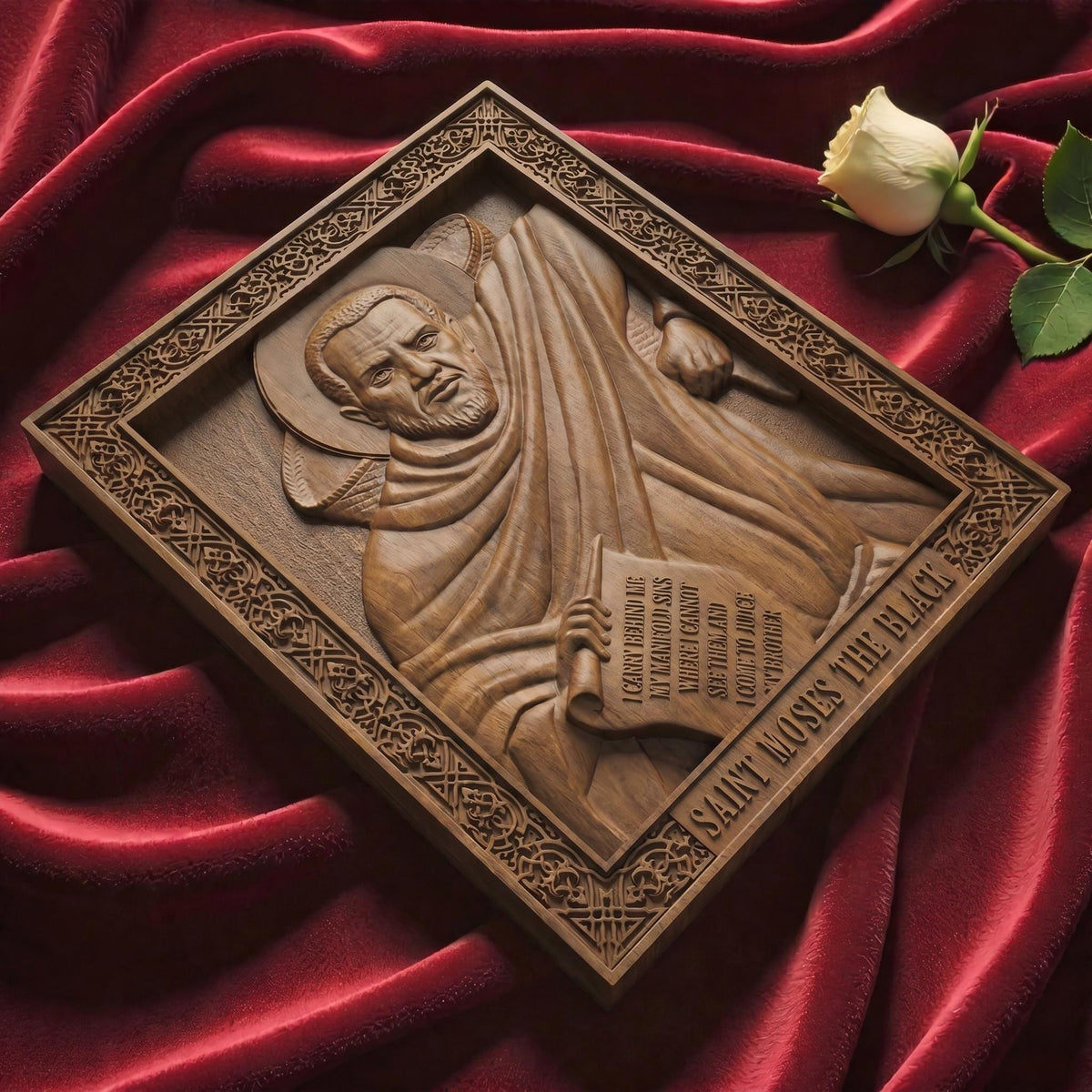 Saint Moses the Black Wooden Carved Handmade Christian Icon Patron Saint of Africa and non-violence Flat Side Brown Oak Cretan Holy Carvings
