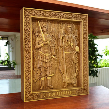 Archangels Michael and Gabriel Wooden Carved Handmade Christian Icon. Byzantine Greek Orthodox Home Decor.