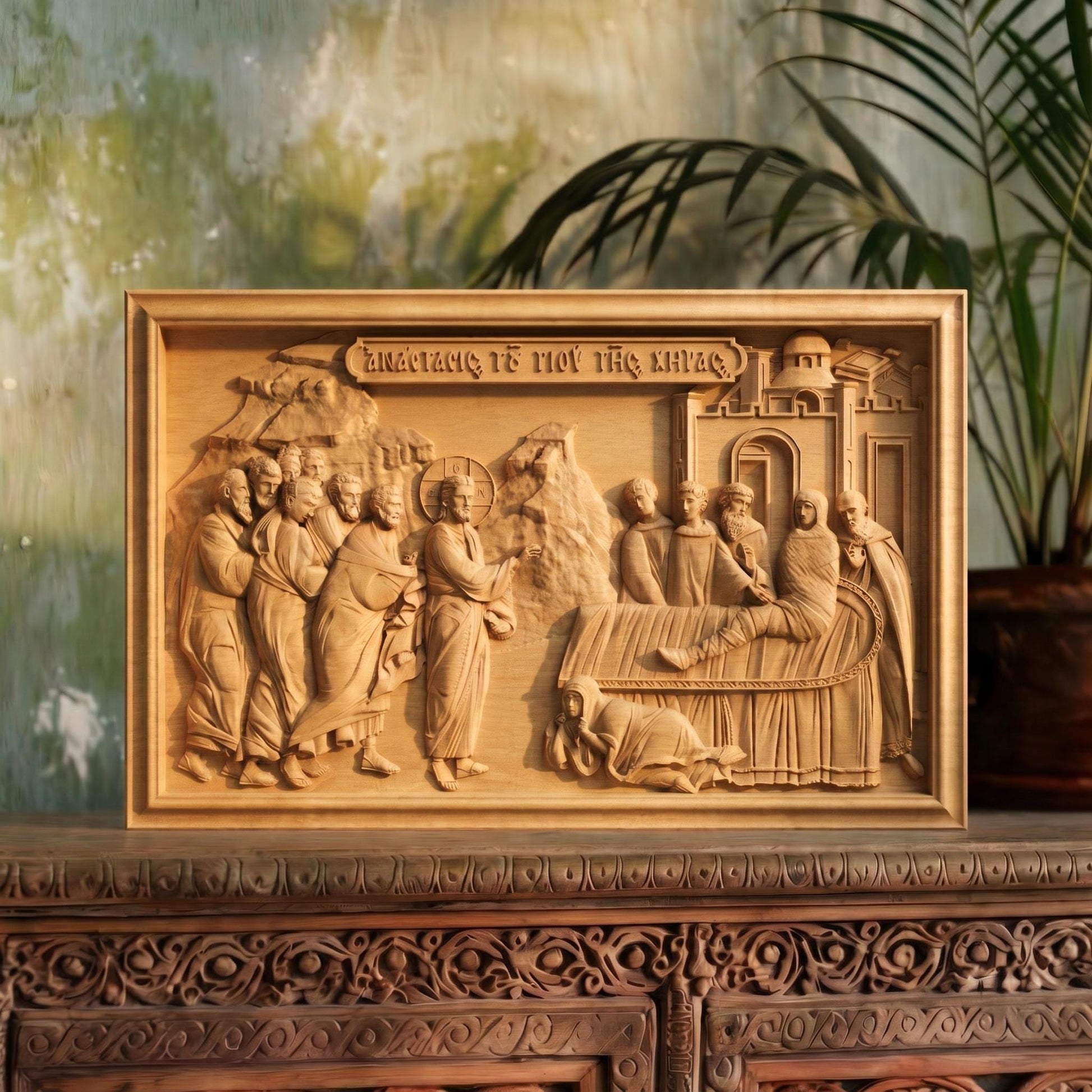 Jesus Christ Resurrecting the Son of the Widow Wooden Carved Handmade Christian Icon | Byzantine Greek Orthodox Home Art Decor
