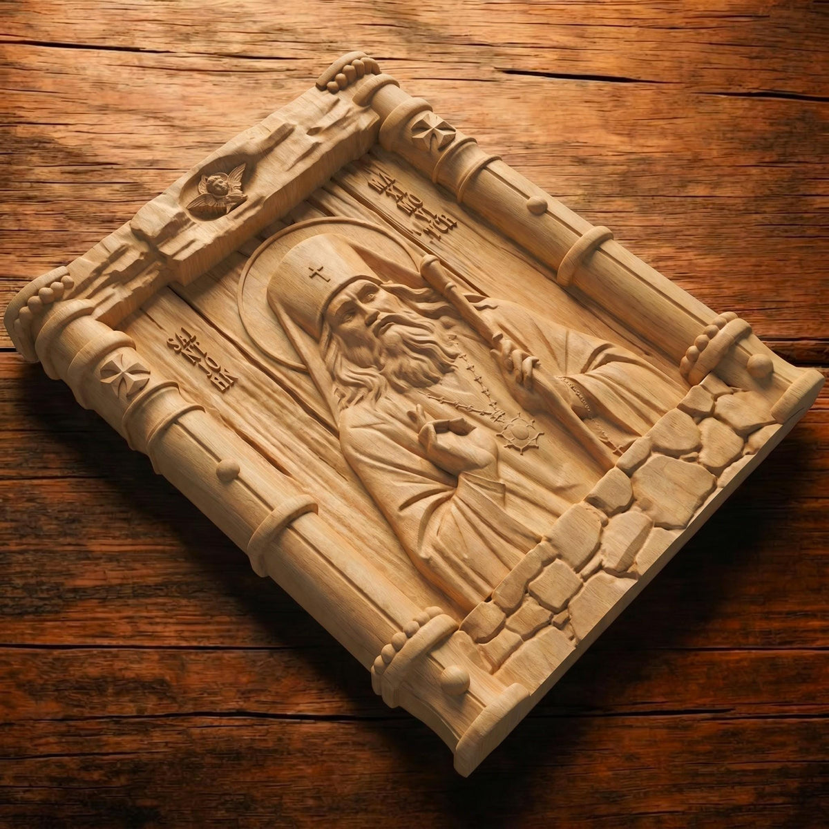Saint John Maximovitch Wooden Carved Handmade Christian Icon Patron Saint of Orphans Flat Side Natural Wood Color Cretan Holy Carvings