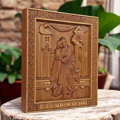 Saints Joachim and Anne Wooden Carved Handcrafted Christian Religious Icon. Byzantine Home Wall Art Decor Gift. Orthodox Greek Sculpture.