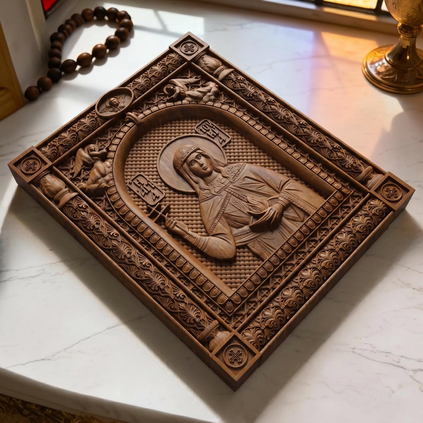 Saint Lucy Patron Saint of Blindness Wooden Carved Handmade Christian Icon | Byzantine Greek Orthodox Home Art Decor