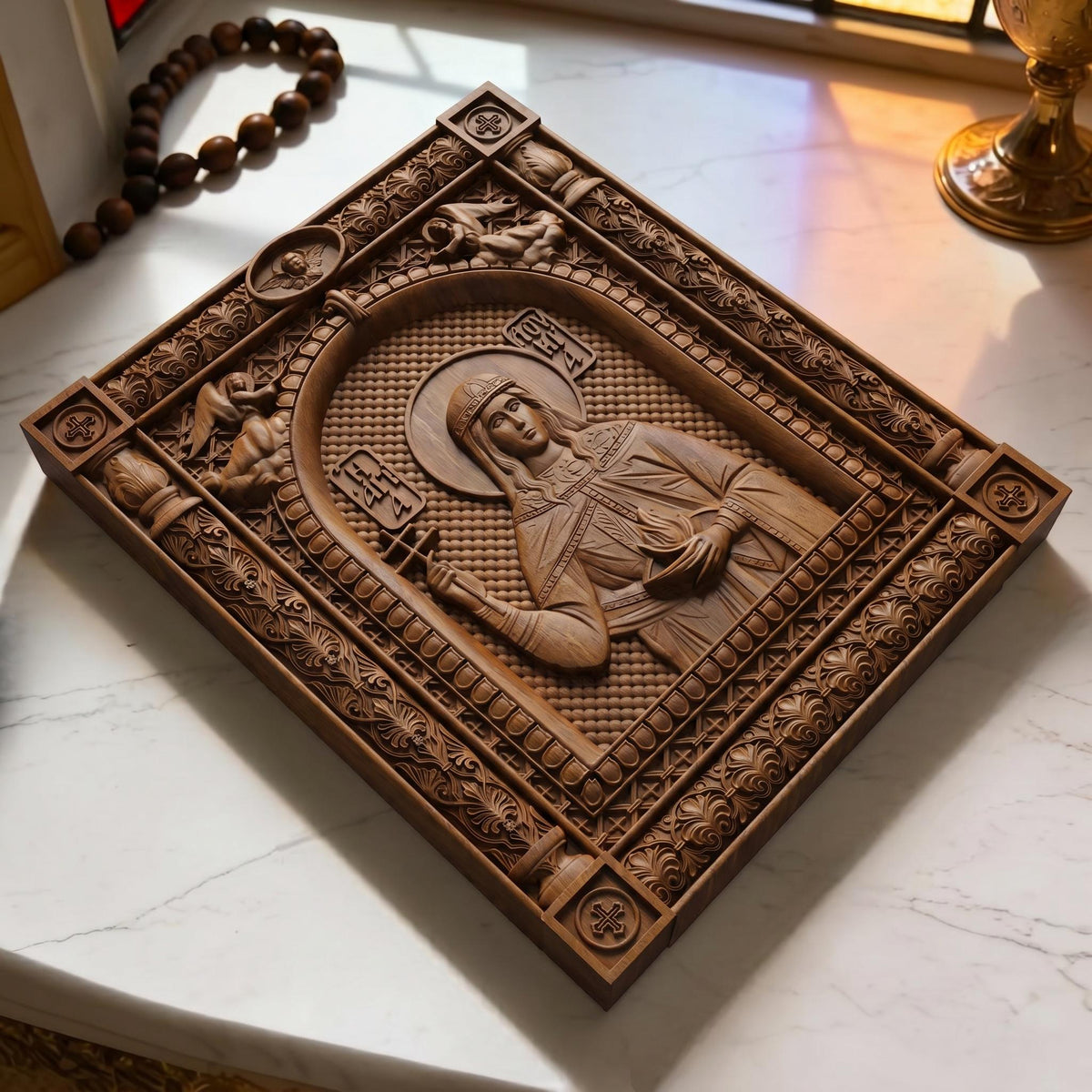 Saint Lucy Patron Saint of Blindness Wooden Carved Handmade Christian Icon | Byzantine Greek Orthodox Home Art Decor