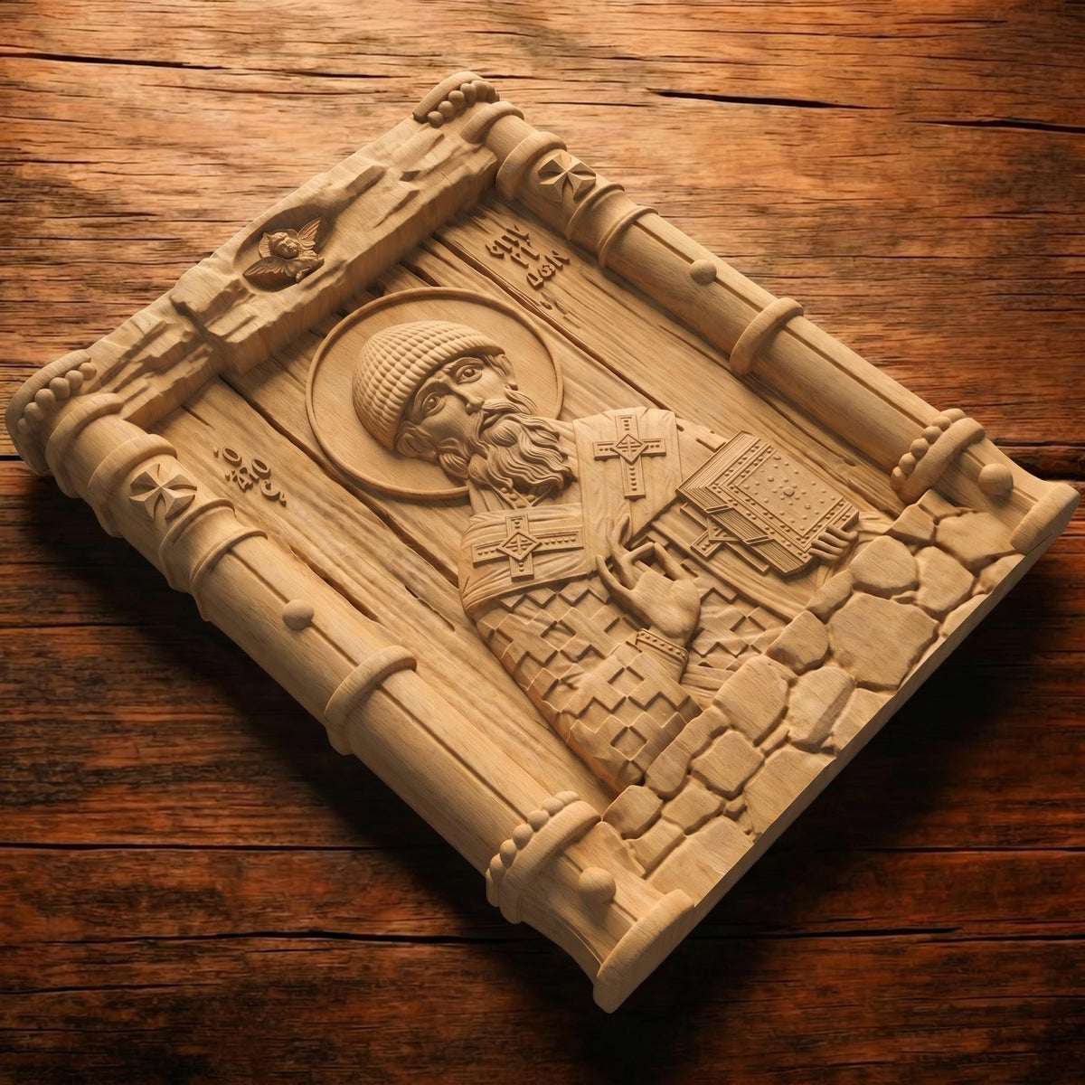 Saint Spyridon Wooden Carved Handmade Christian Icon Patron Saint of Farmers Flat Side Natural Wood Color Cretan Holy Carvings