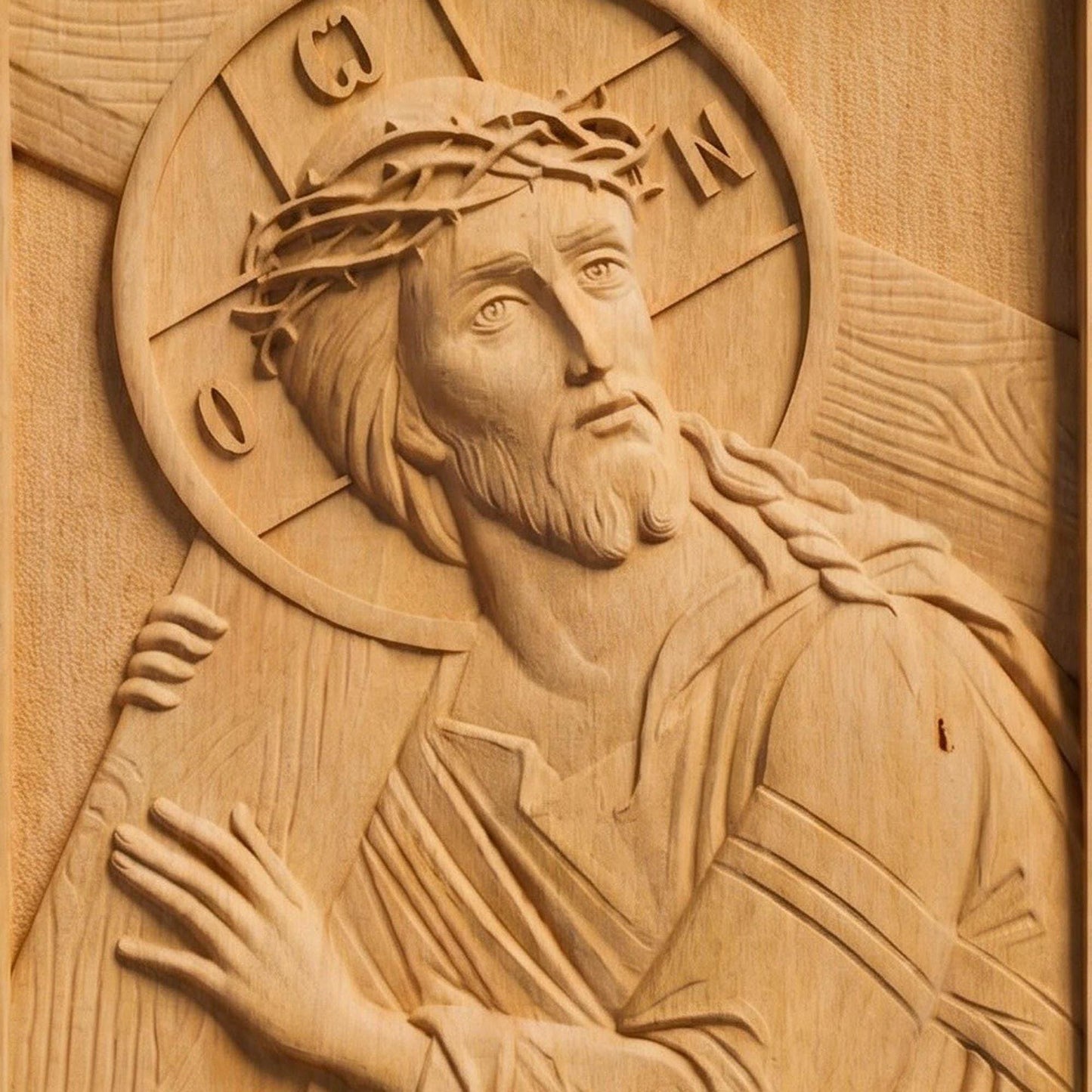 Jesus Christ Ascent to Golgotha Wooden Carved Handmade Christian Icon Front Side Natural Wood Color Cretan Holy Carvings