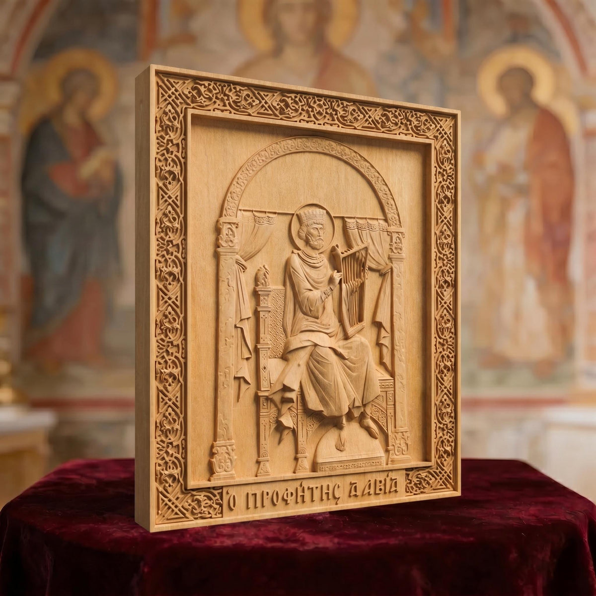 Prophet and King David Wooden Carved Handmade Christian Icon Left Side Natural Wood Color Cretan Holy Carvings