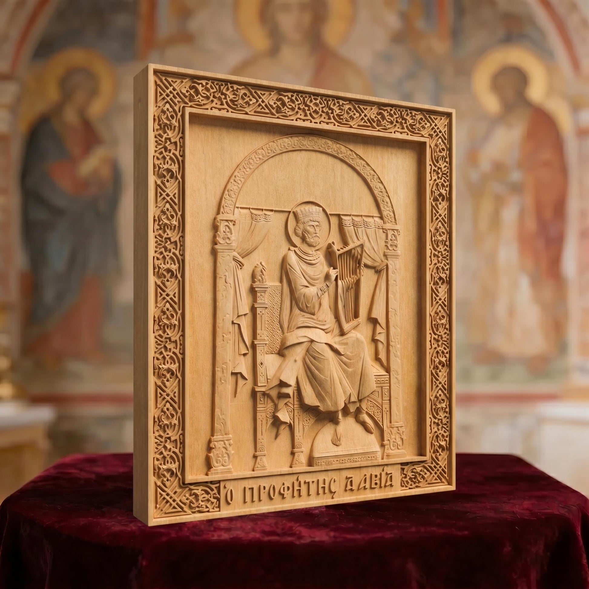 Prophet and King David Wooden Carved Handmade Christian Icon Left Side Natural Wood Color Cretan Holy Carvings