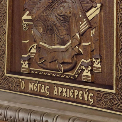 Резная деревянная икона ручной работы Иисус Христос Великий Архиерей. Византийский греческий православный декор.