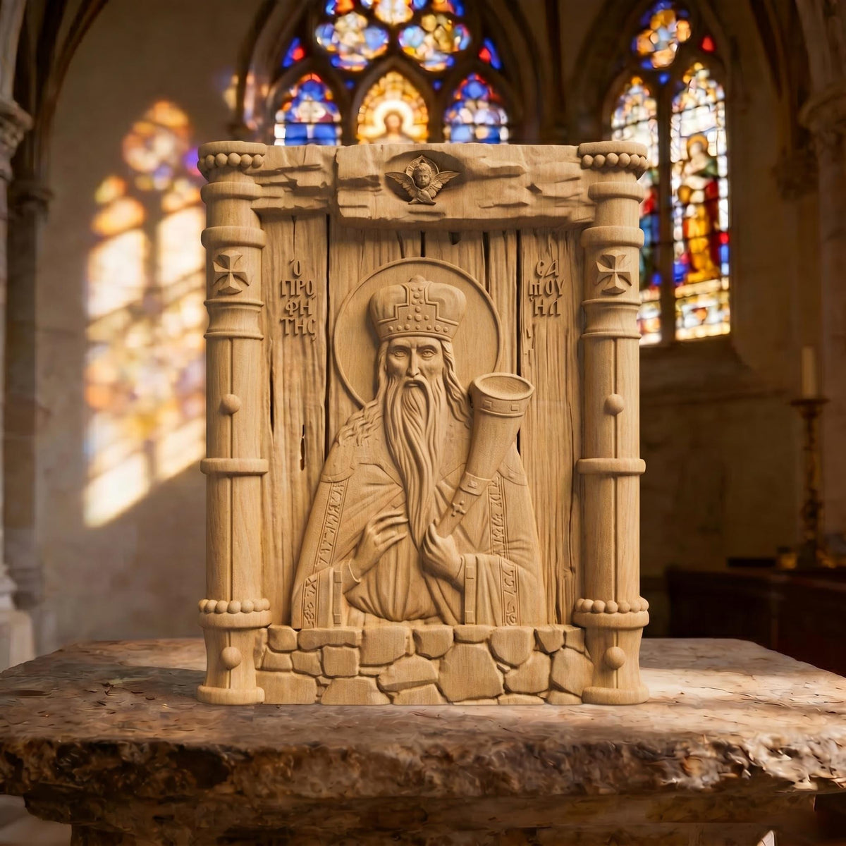 Prophet Samuel Wooden Carved Handmade Christian Icon Front Side Natural Wood Color Cretan Holy Carvings