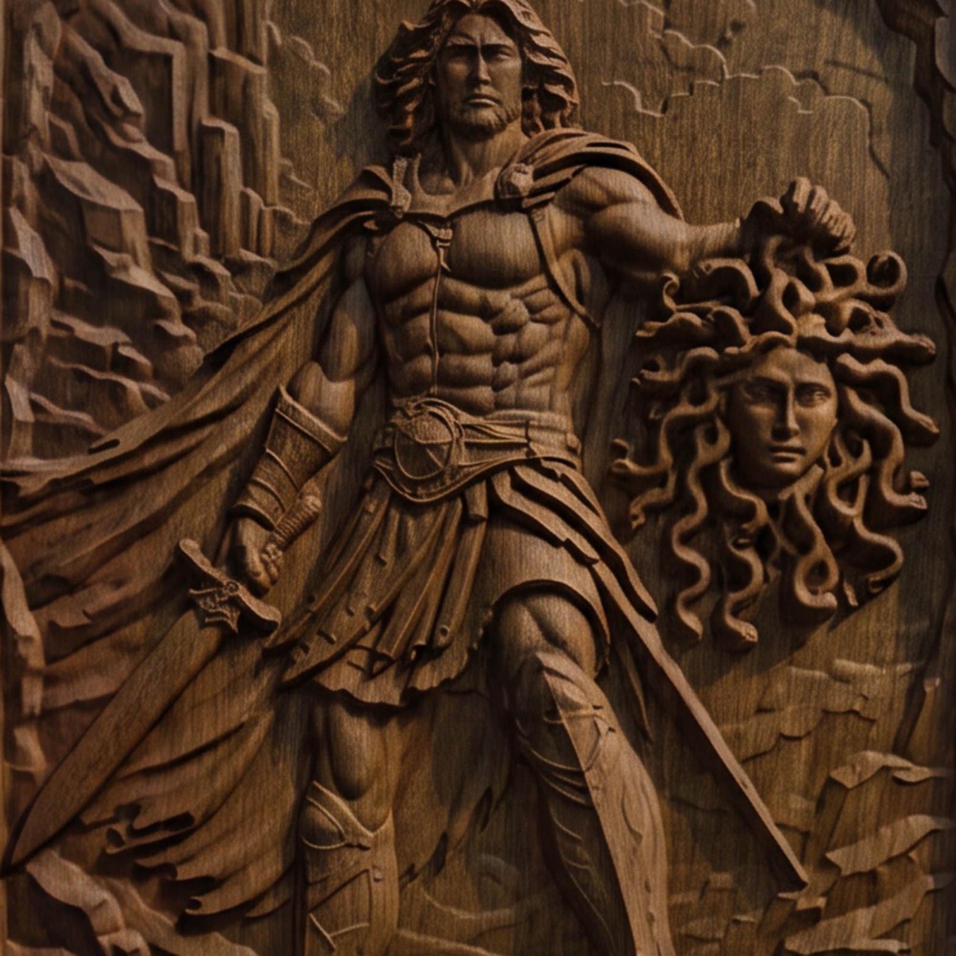 Perseus Cut Medusa's Head from Ancient Greek Mythology 3D Wooden Bas Relief Panel Art Sculptural Gift Idea Cretan Holy Carvings