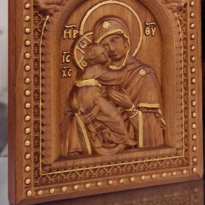 Christ and Mother of God Set Two Wooden Carved Handmade Christian Icons | Byzantine Greek Orthodox Home Art Decor